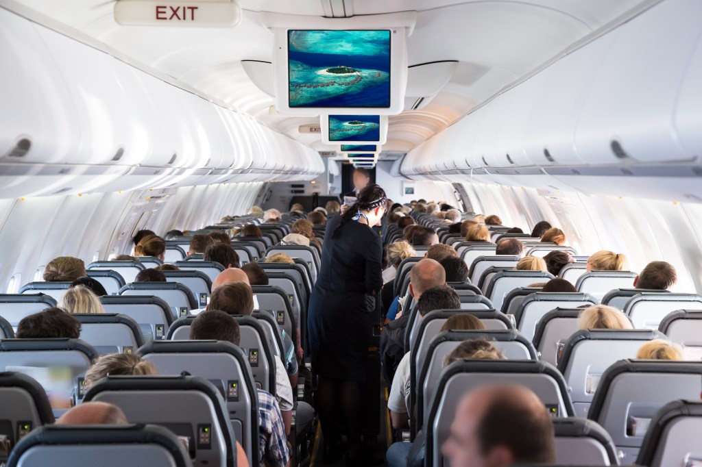 Inside view of passengers and cabin crew people on an airline plane on vacation flight